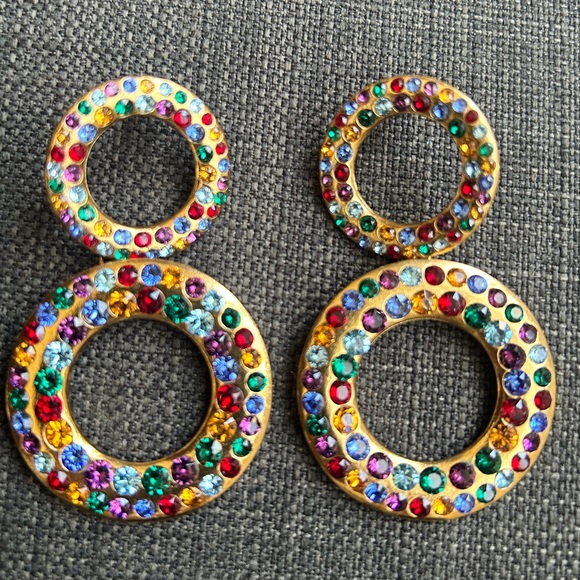 Jewelry - Multi Color Sparkly Rhinestone Dangle Earrings Rose Gold Tone Jewel Tones Runway